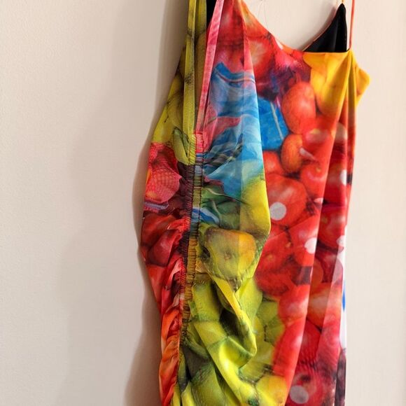 Zara Fruit Stand Print Mesh Ruched Blogger Travel Photoshoot Maxi Dress M NWT - Picture 6 of 8